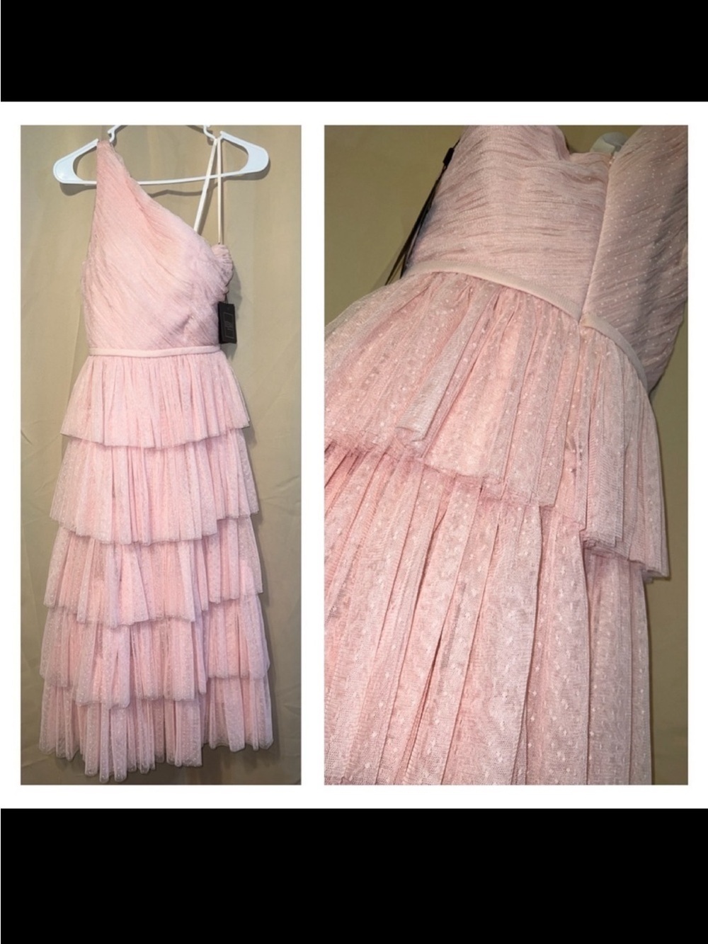Mac Duggal Size 2 49672 NWT Pink Polka Dot One Shoulder Ruffle Midi Sample Dress